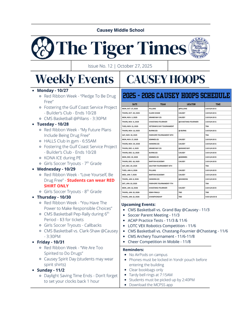 Weekly Newsletter 10/27-10/31