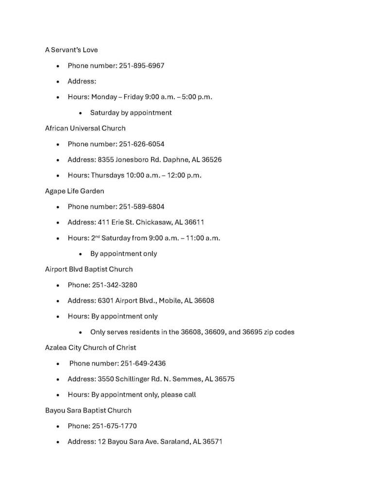 List of Food Pantries in the Mobile/Baldwin Area
