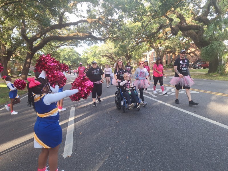 Maryvale cheerleaders cheered on walkers and passed out water and other goodies as they strolled through the streets of Downtown Mobile for the 2025 Breast Cancer walk!