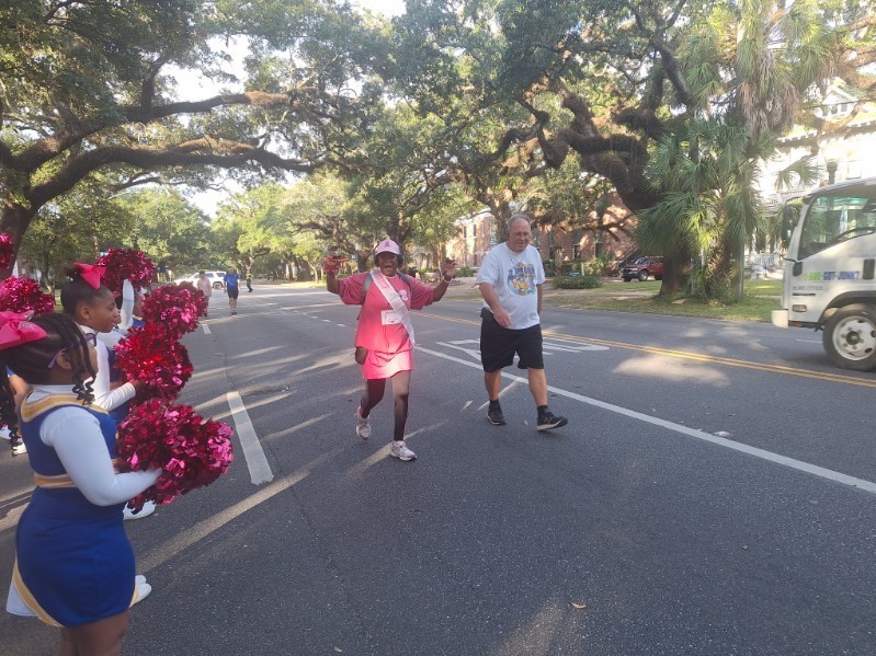 Maryvale cheerleaders cheered on walkers and passed out water and other goodies as they strolled through the streets of Downtown Mobile for the 2025 Breast Cancer walk!