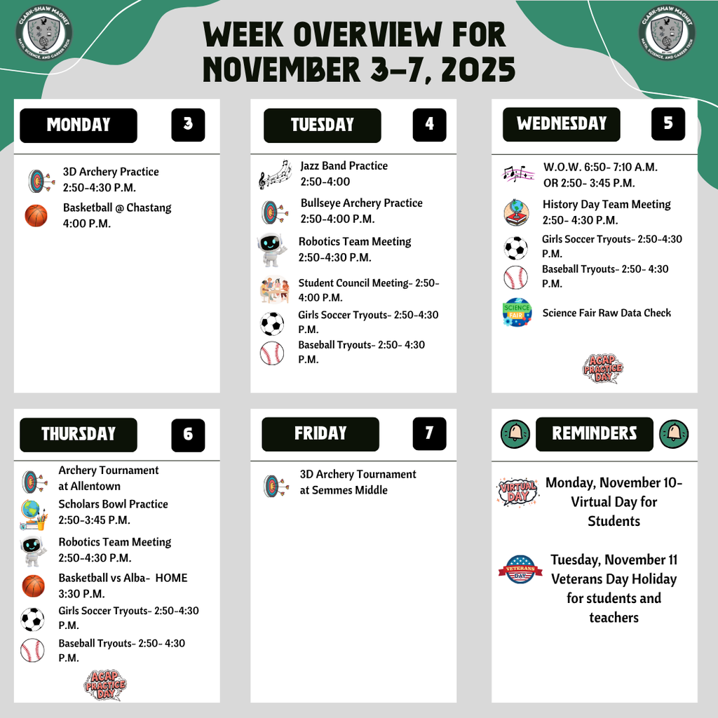 Week Overview for November 3-7- all events listed on website under "Events"