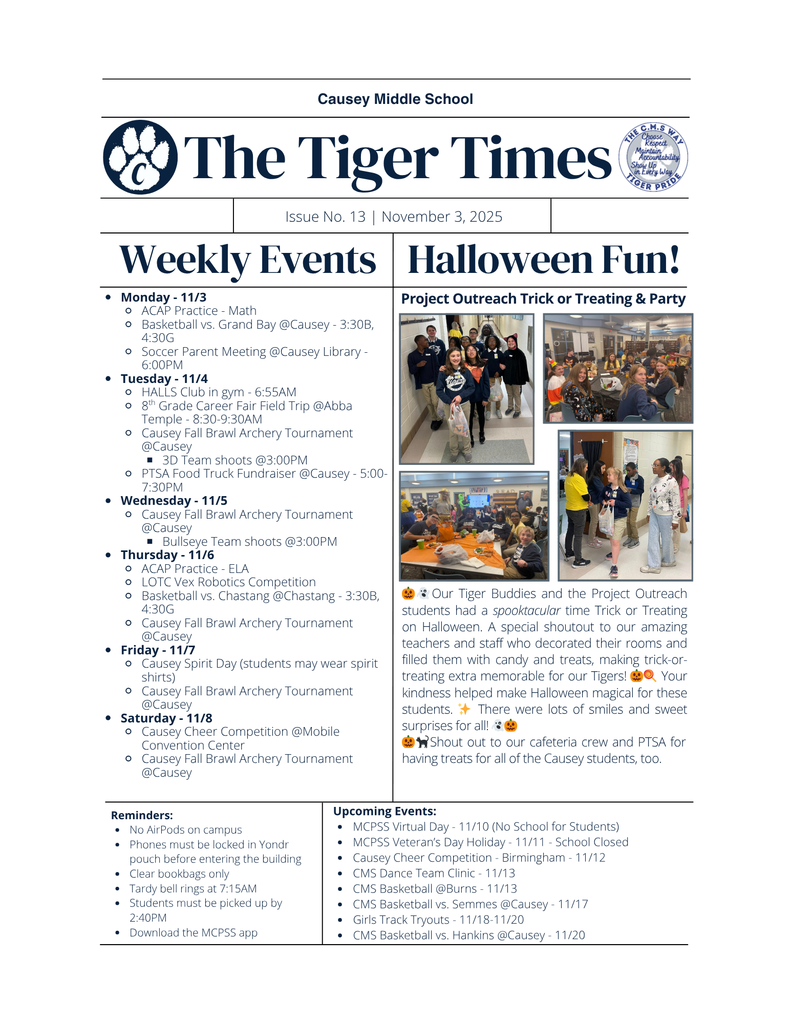 Weekly Newsletter 11/3-11/7