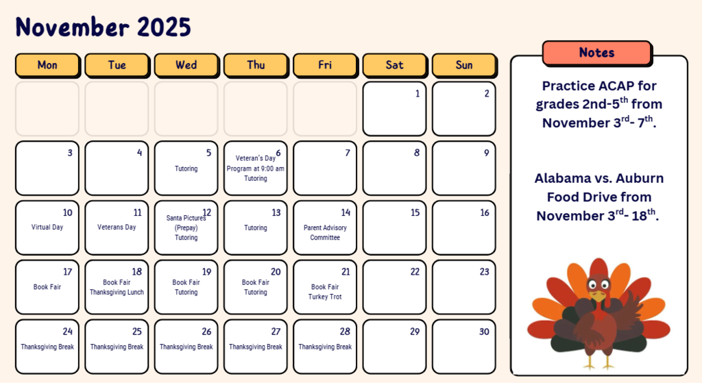 November calendar of events. Located in the Parent handbook.