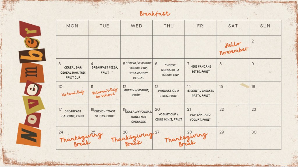 November Breakfast Calendar