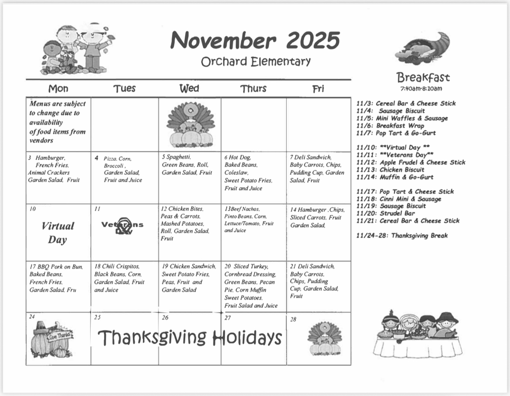 November’s Breakfast and Lunch Menu 🦃