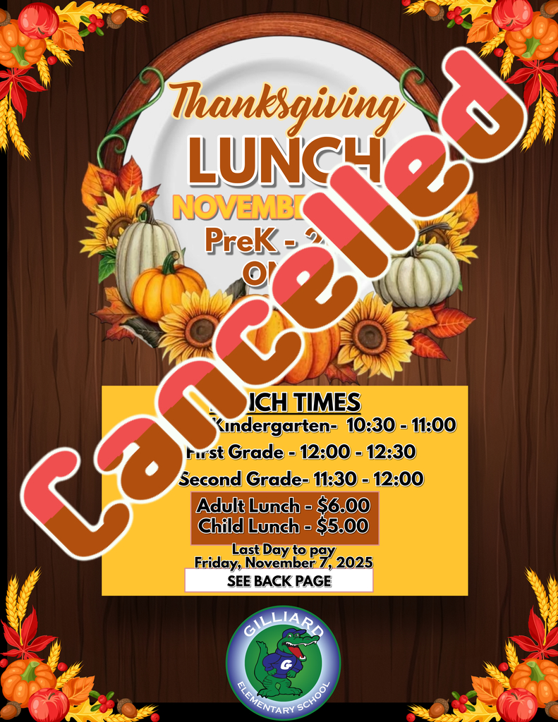 Good morning. Due to unforeseen circumstances, our Thanksgiving Dinner is being cancelled. If you paid, your money will be sent back to you this week. We are very sorry for any inconvenience this has caused. Should you have any questions or concerns, please call the school at (251) 221-1820. Thank you!