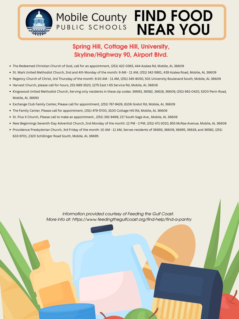 food pantries in Spring Hill, Cottage Hill, University, Skyline/Highway 90, Airport Blvd.