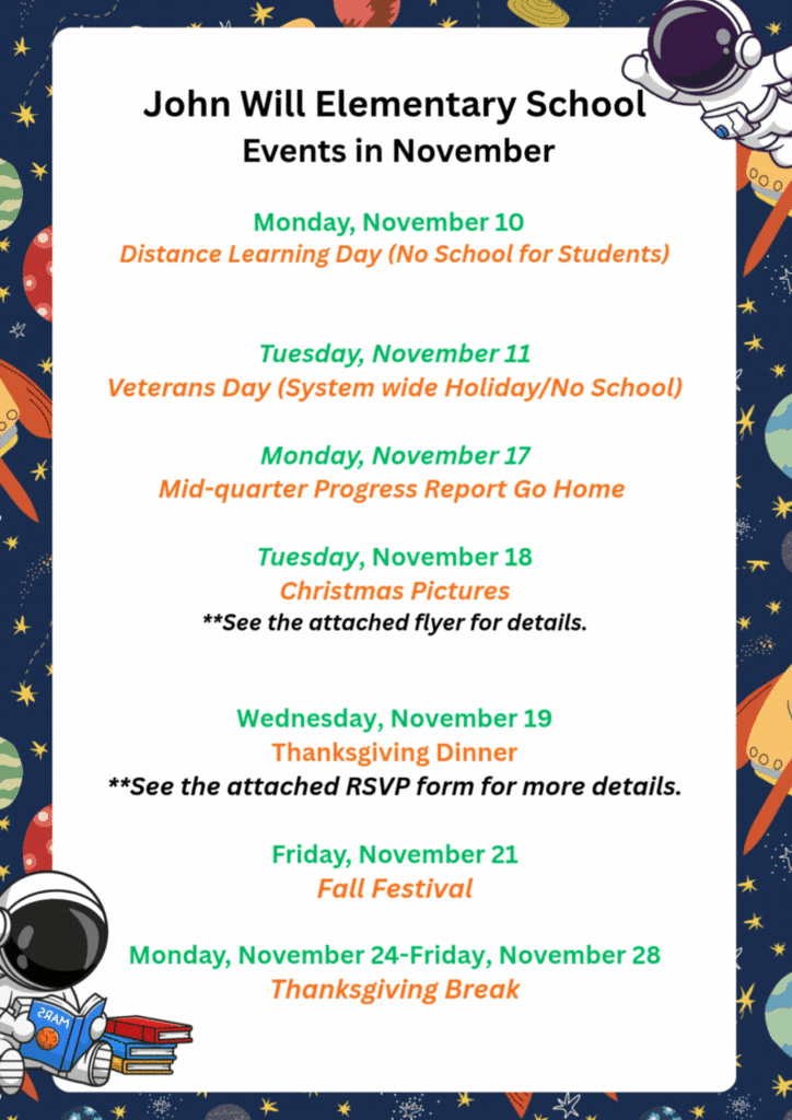 📅 November at John Will Elementary!