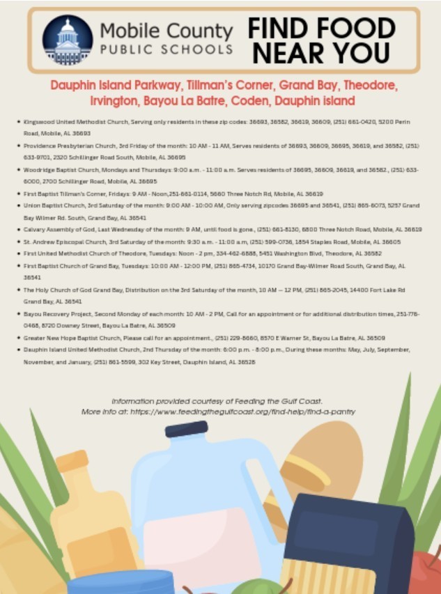 Find food Mobile County School logo, food items