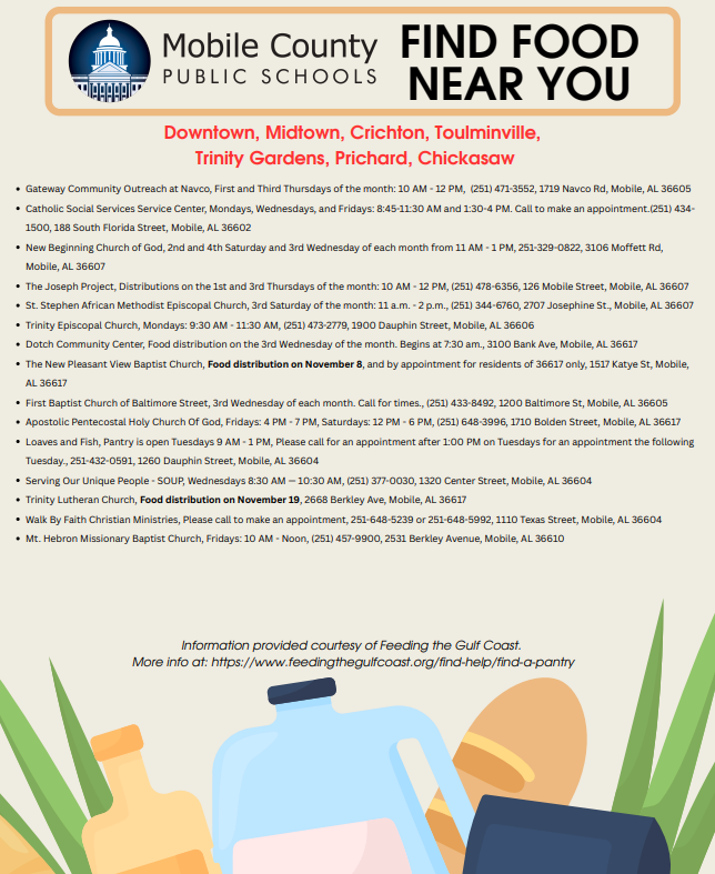 a list of places where to find food if needed. PDF is uploaded on the title 1 page.