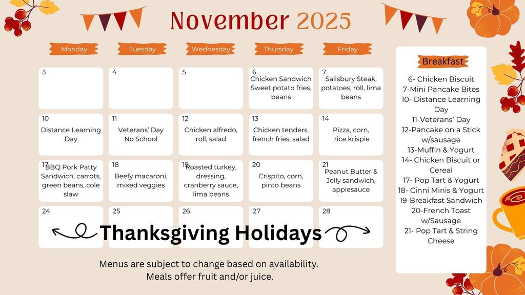 November Breakfast and Lunch Menus