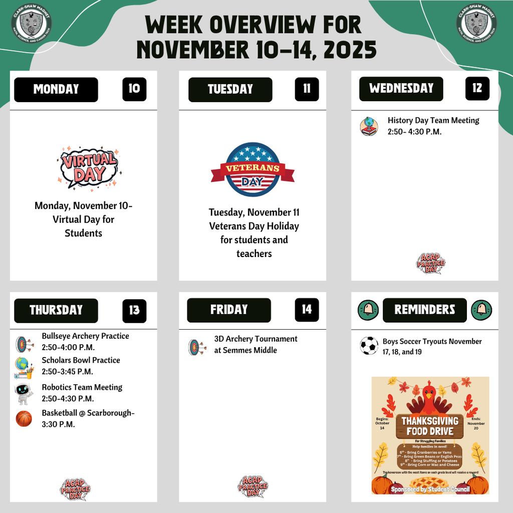 Graphic for Week Overview- all information can be found under "Events" on our web page