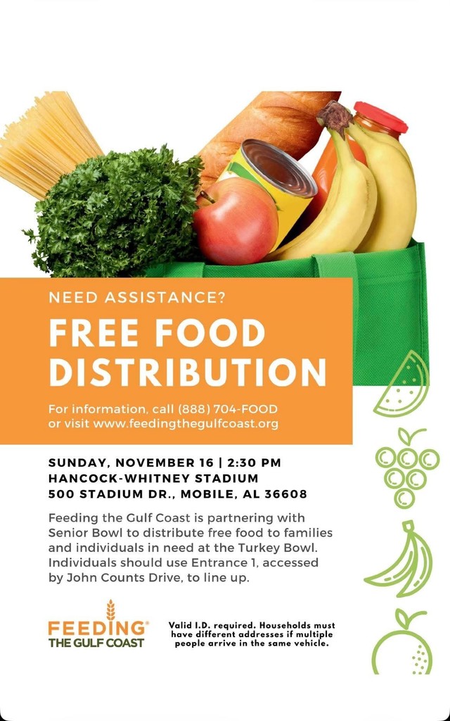 Flyer describing how to access the free food distribution at 500 Stadium Dr., Mobile, AL on Nov. 16 at 2:30. This is for anyone in need.