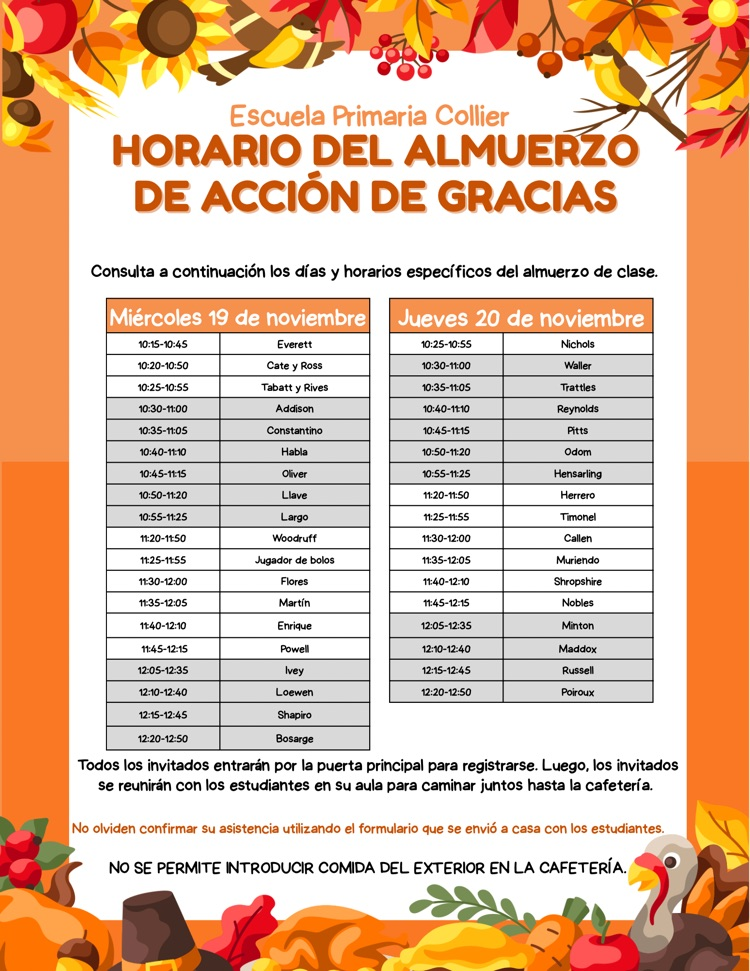 thanksgiving lunch schedule Spanish
