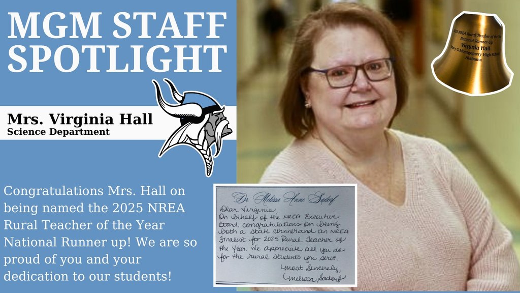 Mrs. Hall and her letter congratulating her on being the 2025 NREA Rural Teacher of the Year National Runner Up.