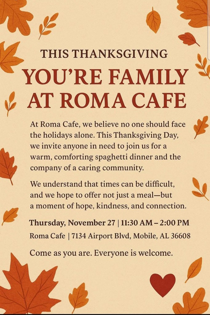 Flyer advertising a spaghetti dinner at Roma Cafe on Thanksgiving for 11:30-2:00 for anyone that may be alone or in need.