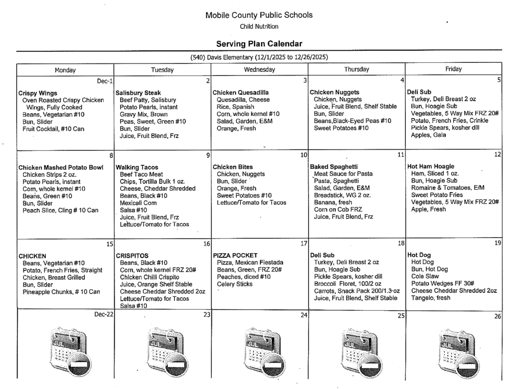 Lunch Menu - December