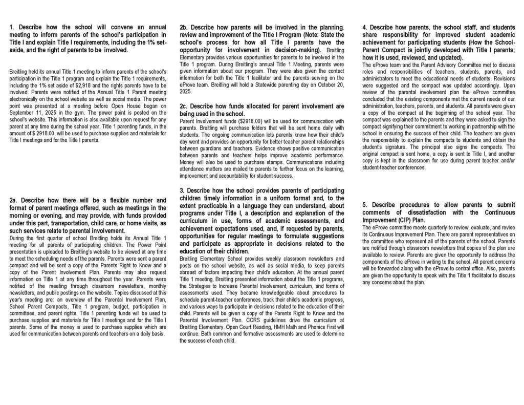 Breitling Elementary Parent and Family Engagement Plan