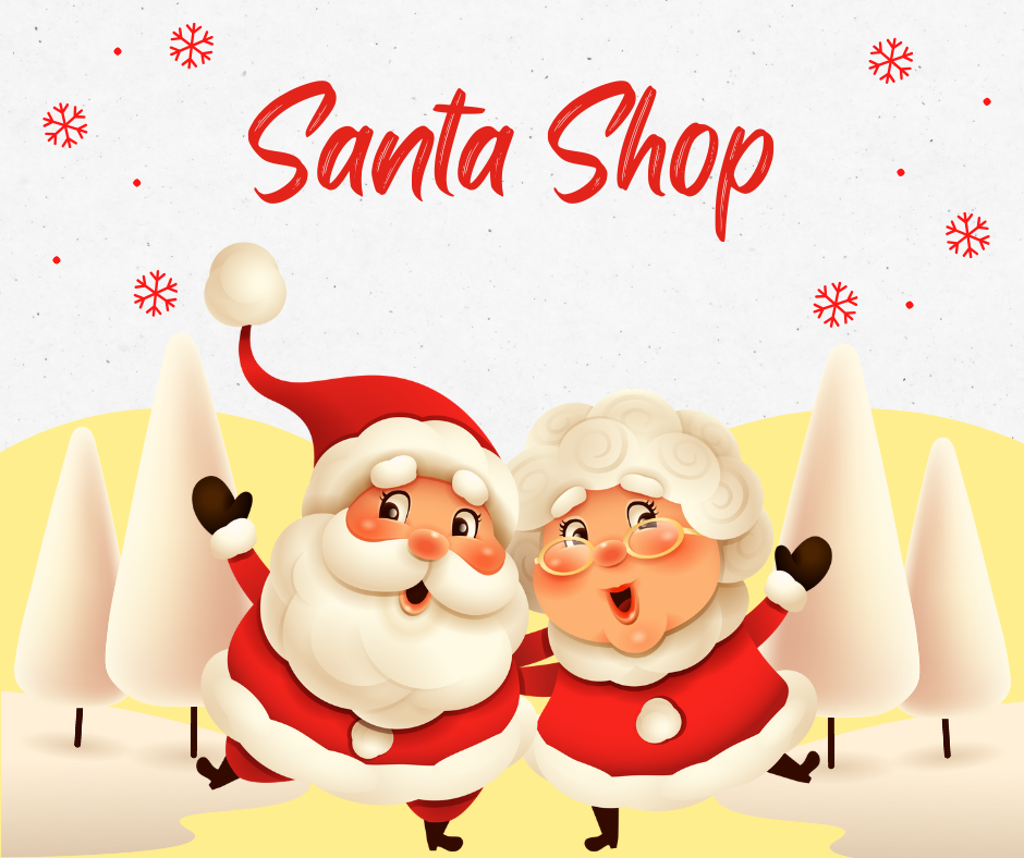 Santa Shop, Santa & Mrs. Claus, white trees, snowflakes