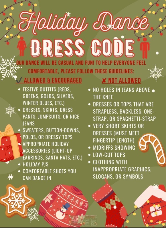 holiday-theme flyer encouraging festive and comfortable attire for the dance
