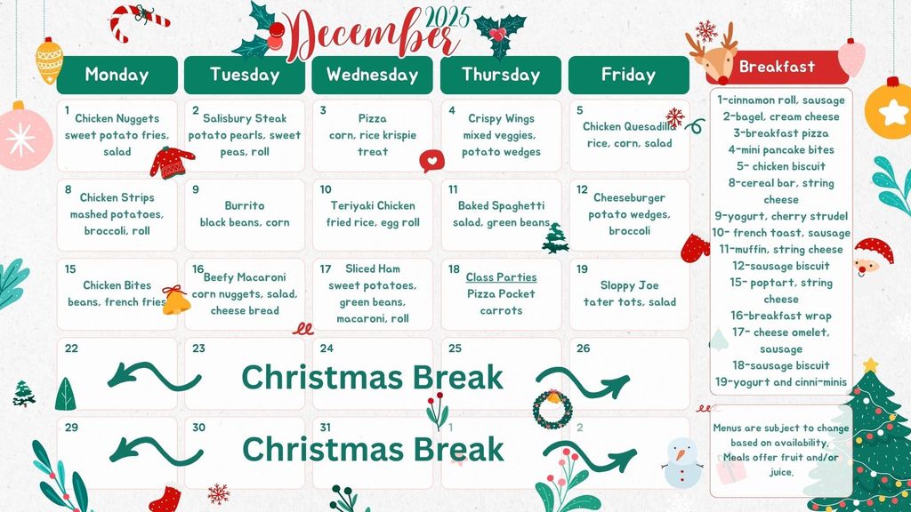 December Breakfast and Lunch Menus