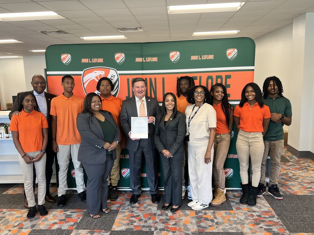 A group of LeFlore students and teachers stand with Mobile County District Attorney Keith Blackwood