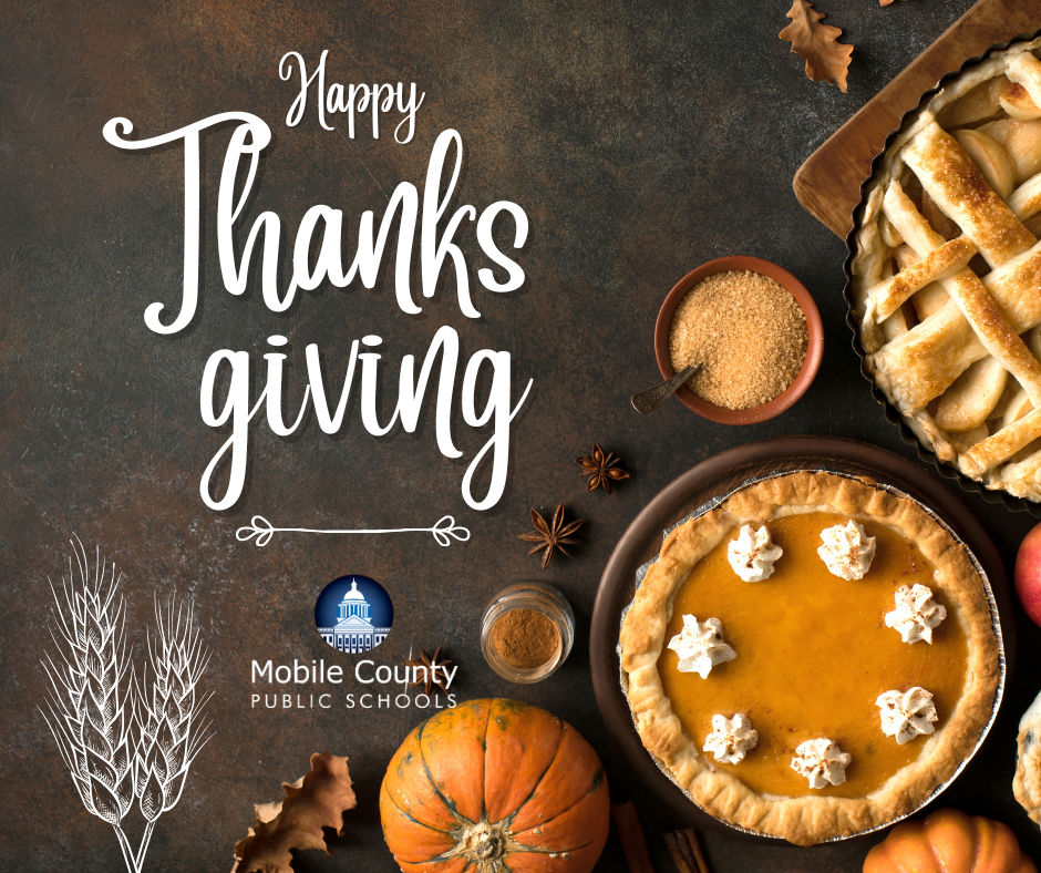 Happy Thanksgiving graphic with pumpkin pies