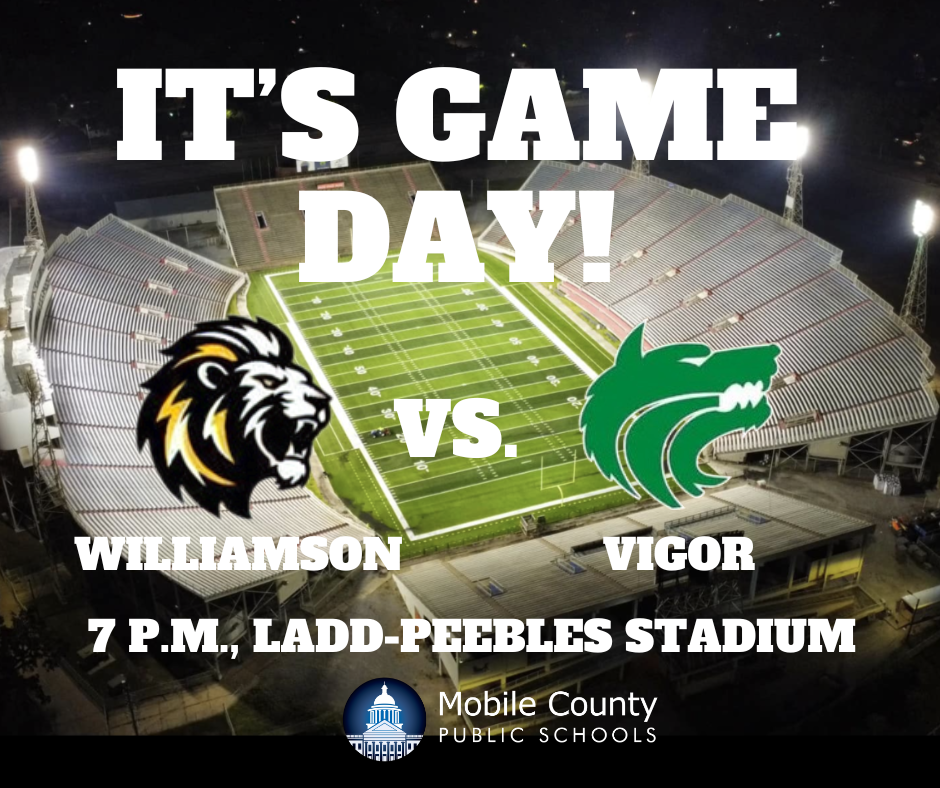 Graphic reading "It's Game Day" with the logos of Williamson and Vigor high schools