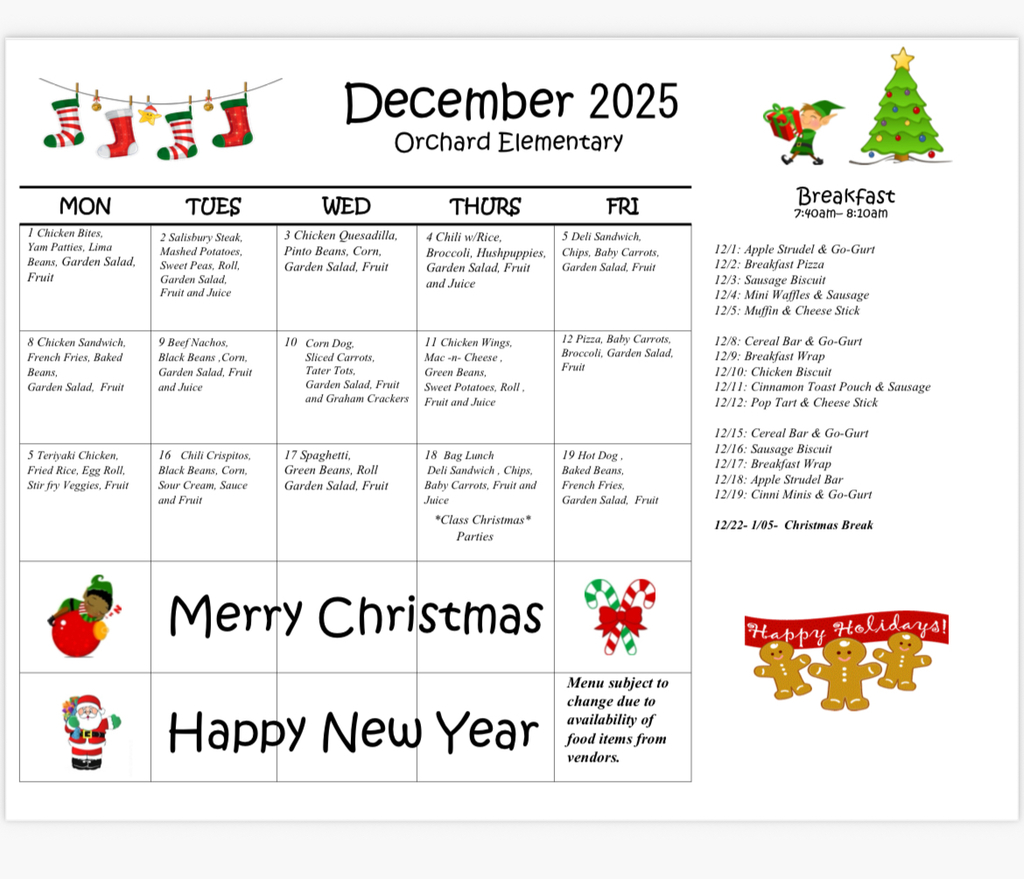 December’s Breakfast and Lunch Menu 