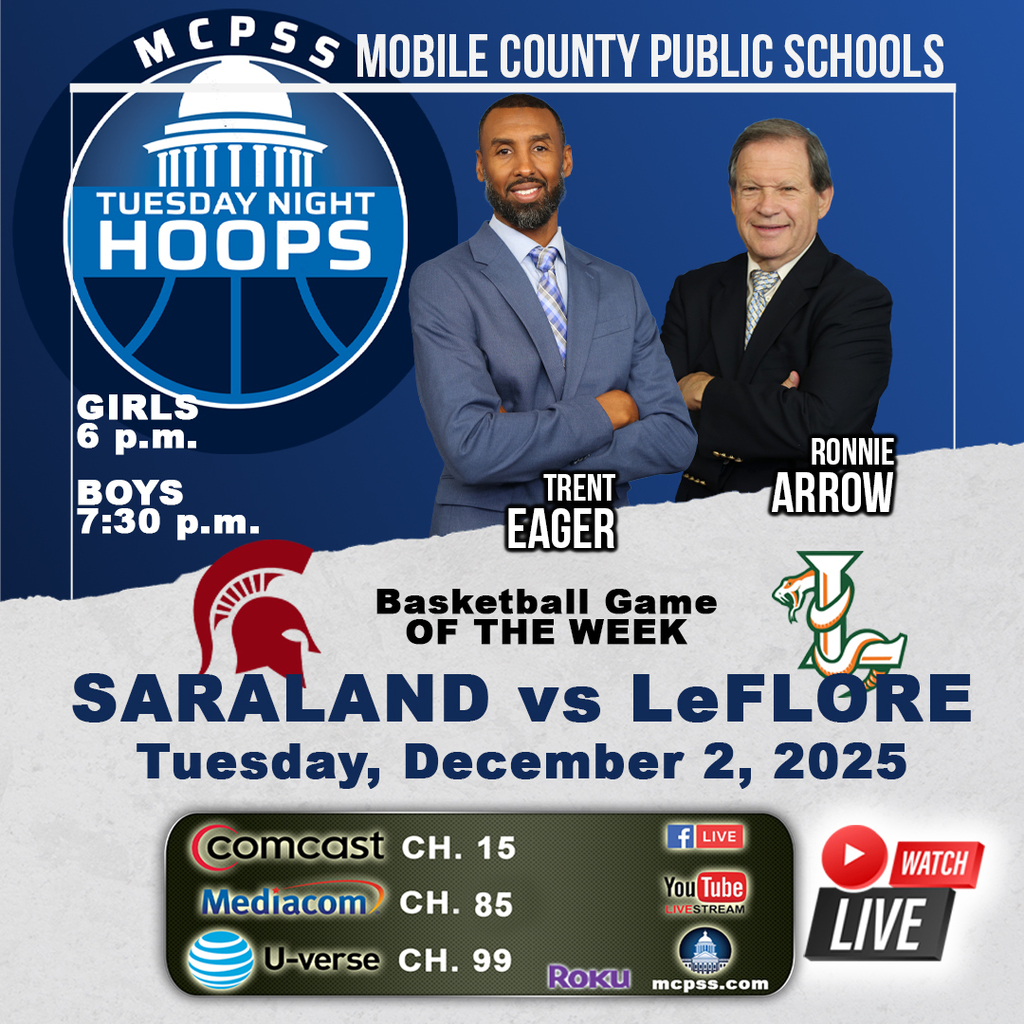 Graphic promoting the mcpssTV High School Basketball Game of the Week between LeFlore and Saraland on December 2