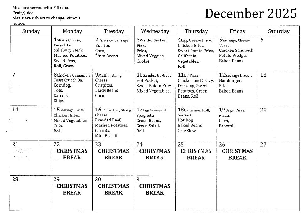 December Lunch Menu