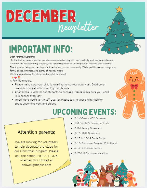 School December Newsletter with decorative holiday pictures of a tree, gingerbread, and other holiday characters. Click the link to view the basic newsletter: https://aptg.co/cxBy1_