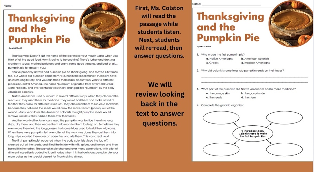 Ms. Colston's Class discussing a Thanksgiving passage and eating pumpkin pie. 