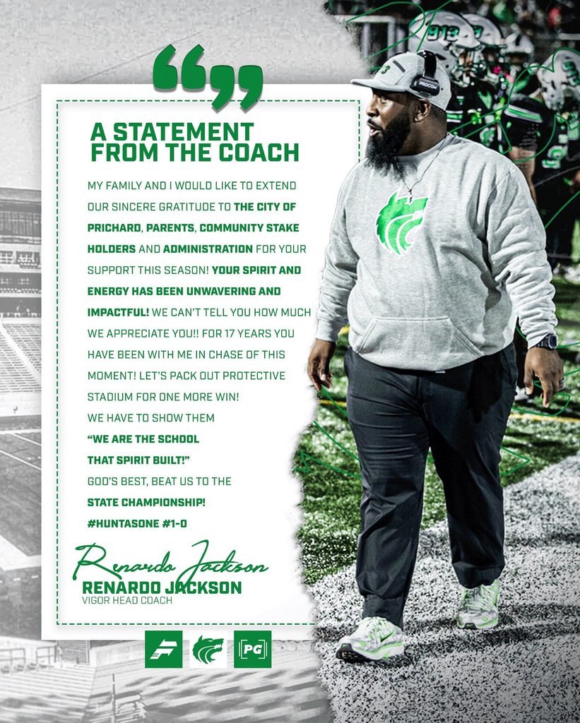 A graphic featuring Vigor football coach Renardo Jackson and his appreciation to the Prichard community, parents and the Vigor administration