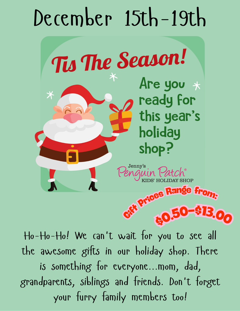 Santa holding a present on a green background with information about the Santa Shop that will take place in the Collab Lab December 15th-19th. Gift prices range from $0.50 to $13.00. Gifts for the whole family.