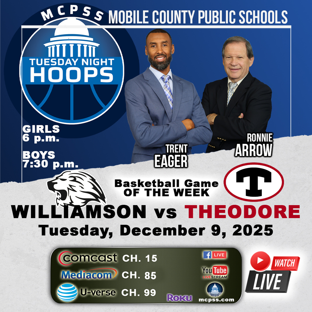 Graphic promoting the High School Basketball Game of the Week between Williamson and Theodore on December 9.