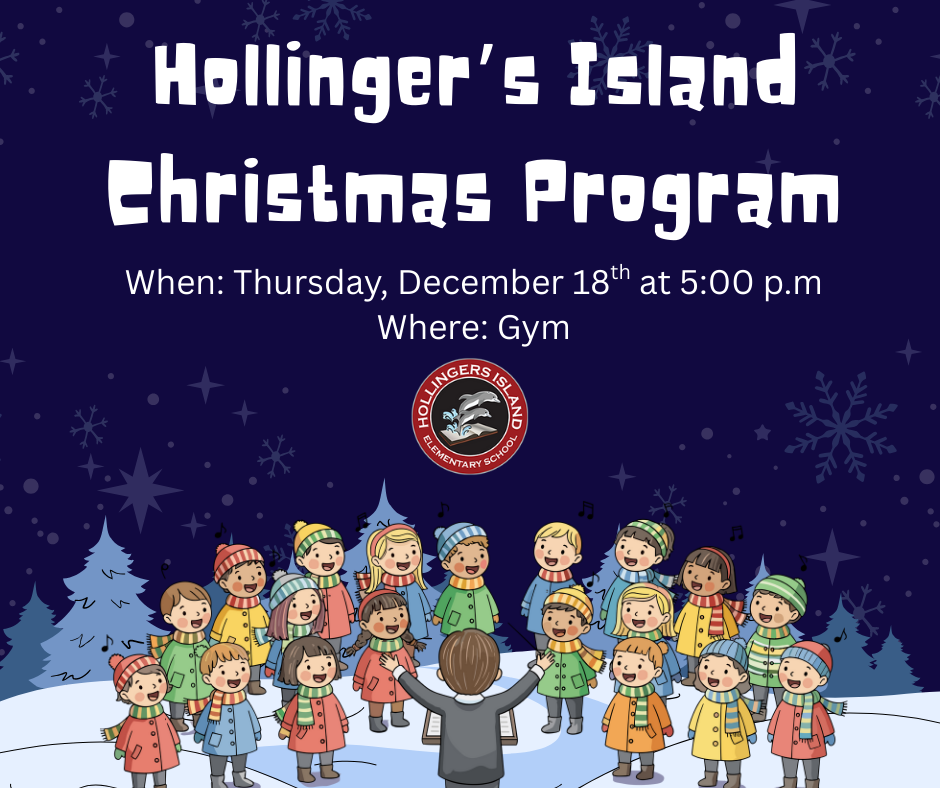 Come join us for our musical Christmas Program in the gym on Thursday, December 18th from 5:00 p.m. to 6:00 p.m. Picture of cartoon kids singing outside in the snow with trees in the background on a winter night