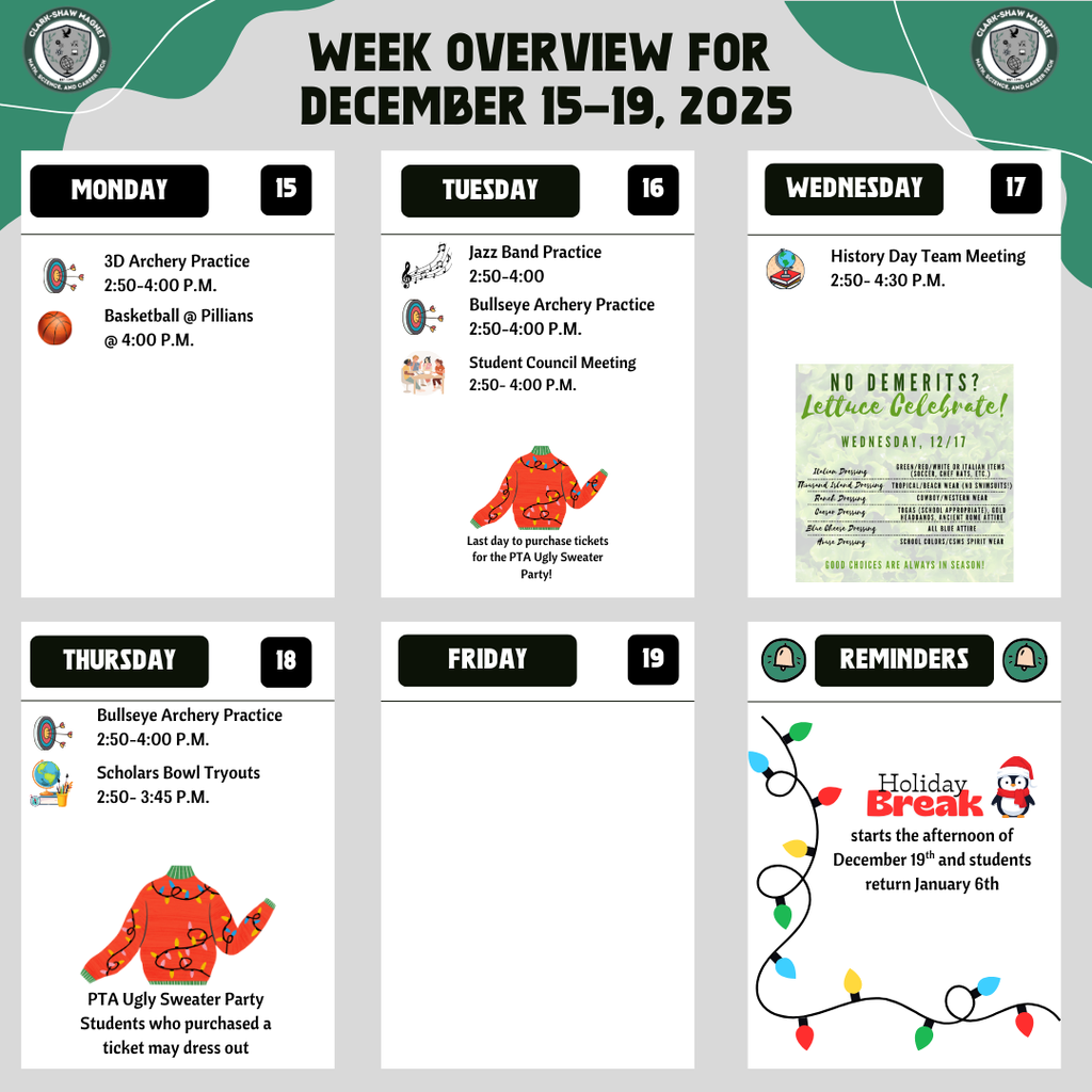 Week Overview for December 15-19, 2025