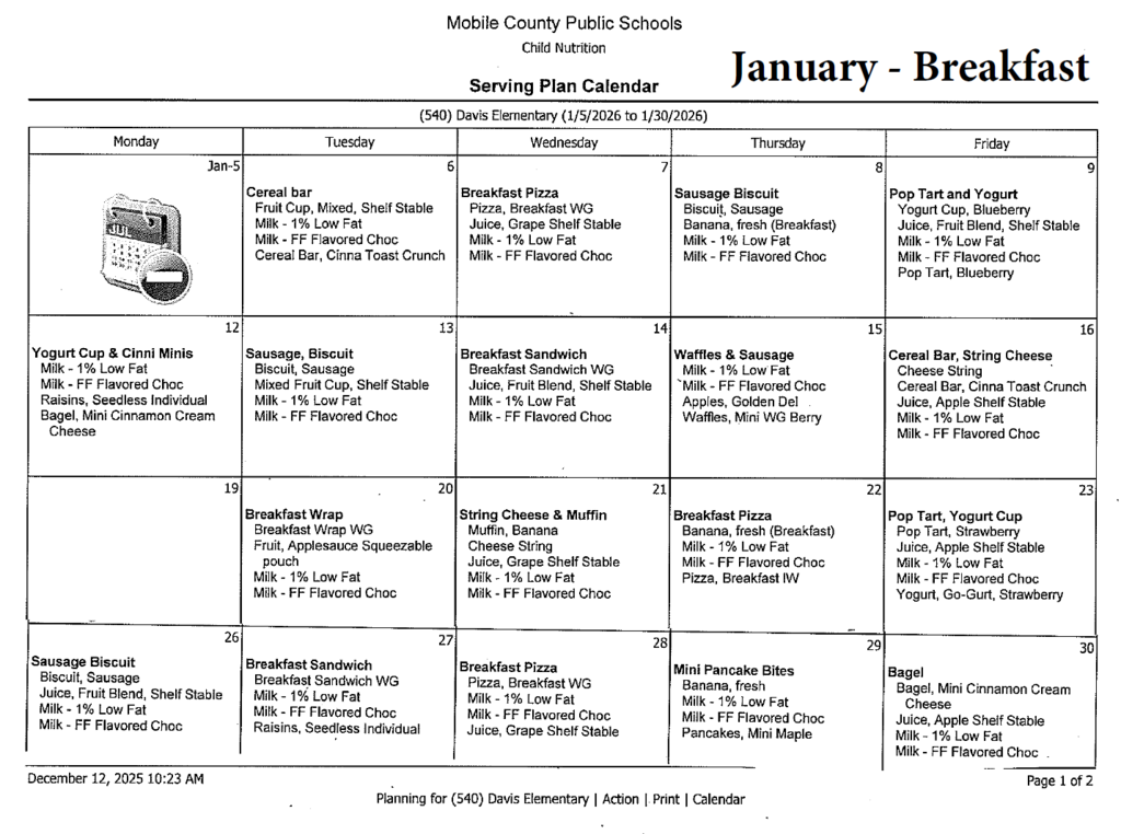 January 2026 - Breakfast Menu