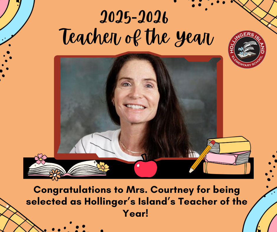 teacher of the year- Mrs. Courtney. decorative text around her picture