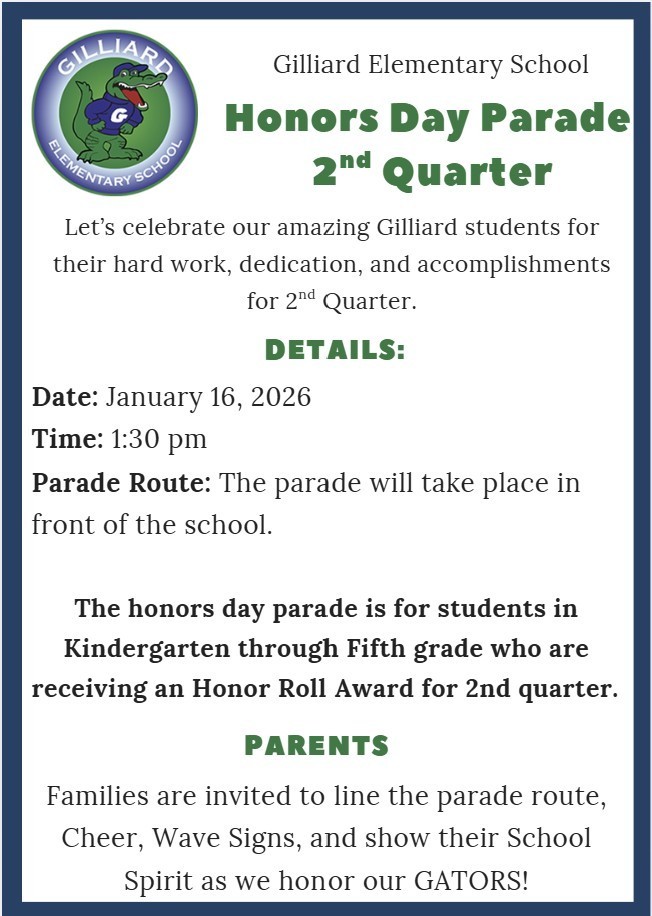Good afternoon. Parents please allow this correspondence to serve as a reminder of our 2nd quarter Honors Day Parade that will take place on Friday, January 16, 2026 at 1;30pm. Students that will be honored will be sent home with invitations. Thank you.