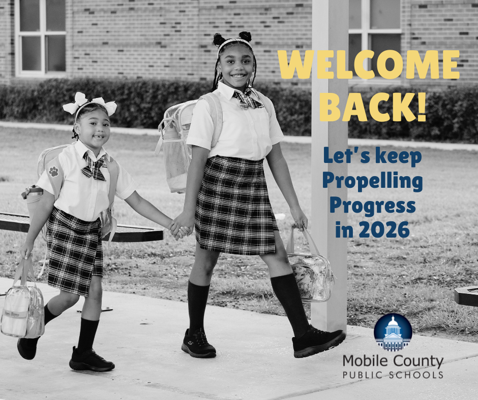 Two girls in school uniforms walking on a sidewalk, with the words: Welcome Back: Let's keep propelling progress in 2026
