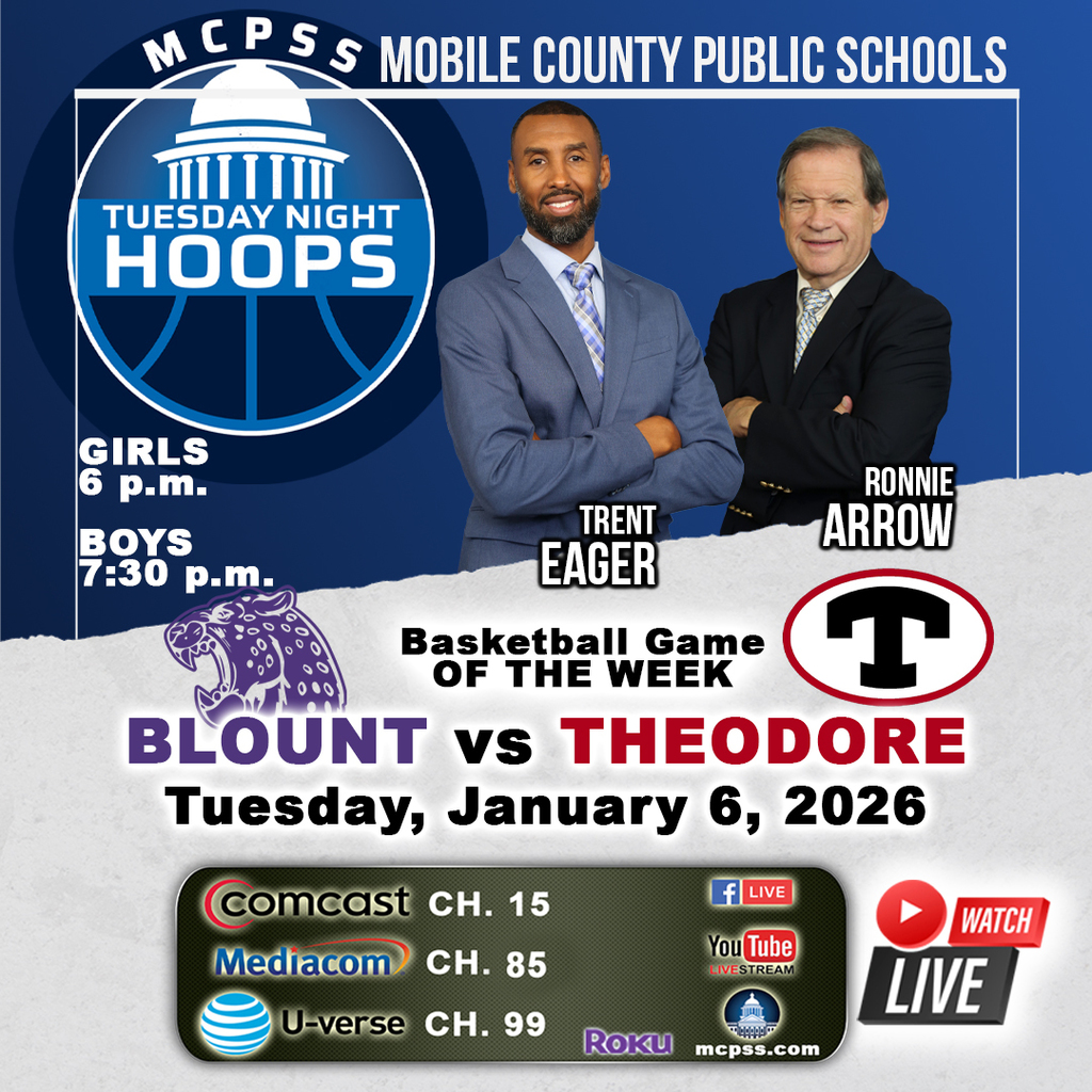 Graphic promoting the High School Basketball Game of the Week between Blount and Theodore on January 6