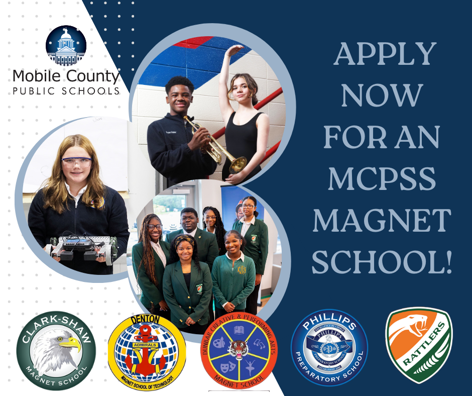 Graphic with the words: Apply Now to an MCPSS Magnet School, with photos of magnet school students