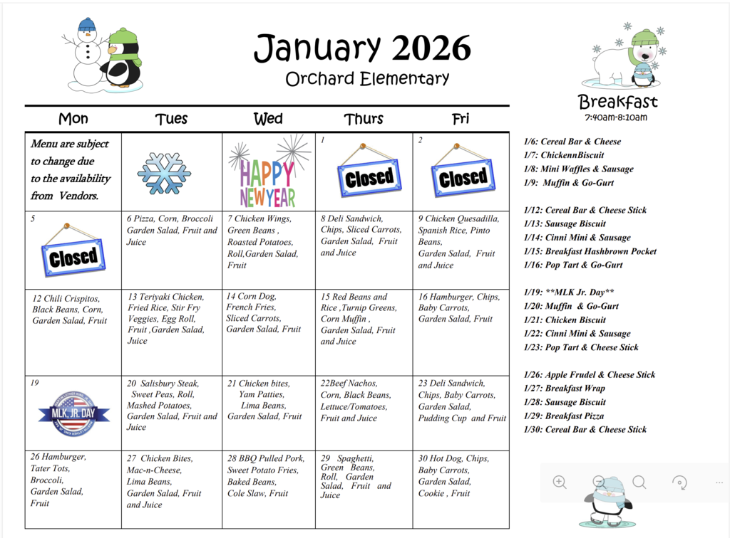 January Breakfast and Lunch Menu 