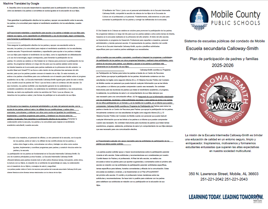 Parent and Family Engagement Plan Spanish (Page 1)