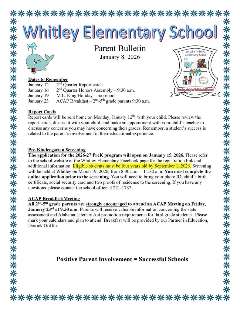 Parent Bulleting for Jan 8 listing report card pick up, pre-K screening, and ACAP breakfast meeting