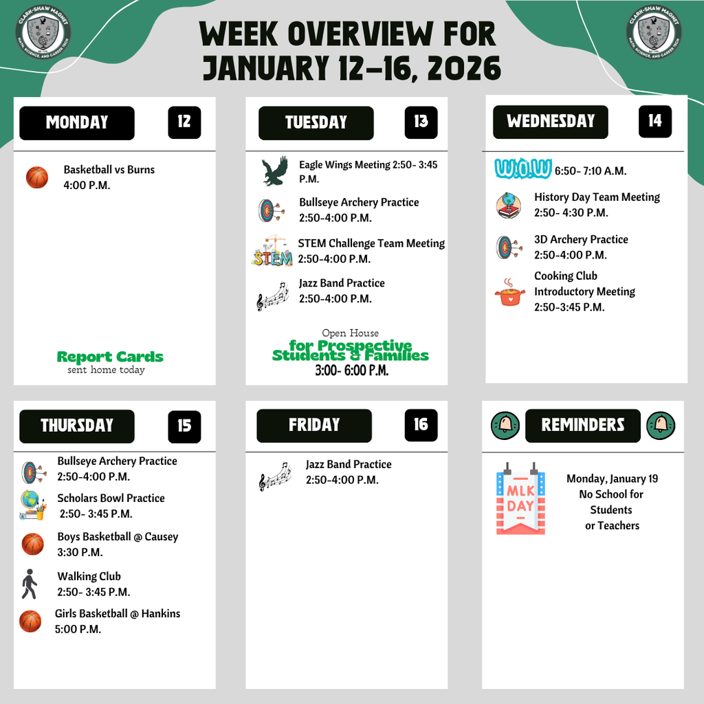 Week Overview- all events can be found on our website under Events