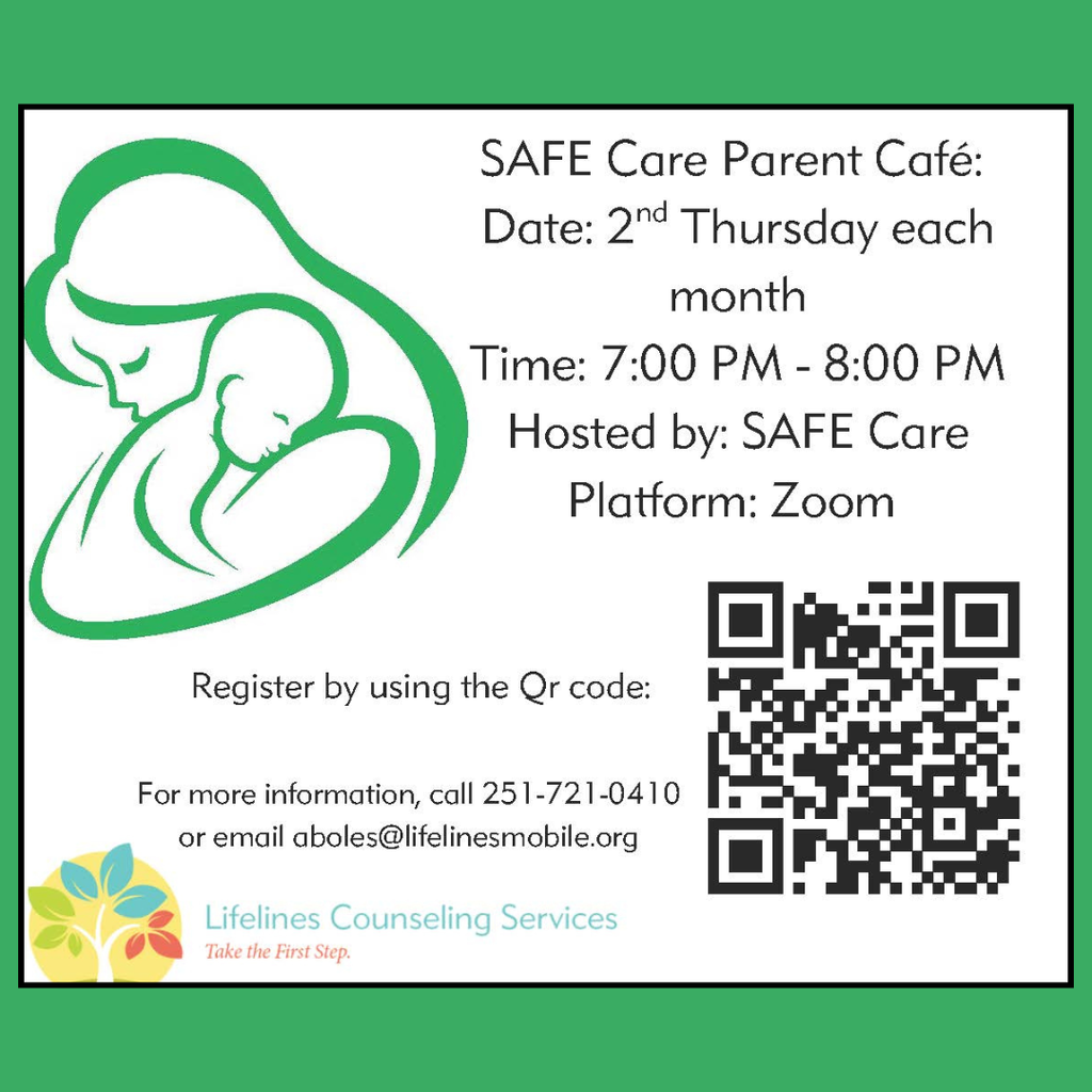Graphic for SAFE Care Parent Cafe- all information is listed in caption 