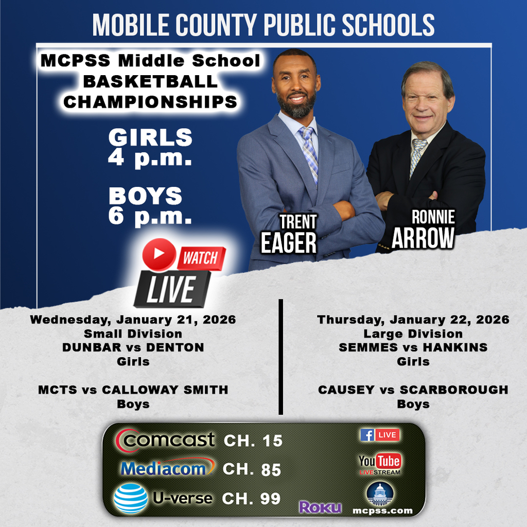 Graphic promoting MCPSS TV broadcast of the Middle School Basketball Championship games on January 21 and 22